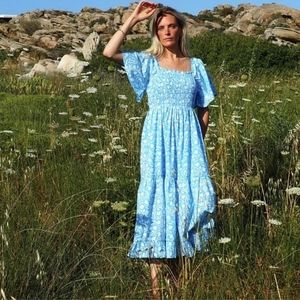 Pink City Prints Lolita Long Midi Smock Rah Rah Dress, Baby Blue Tulip -Sz M